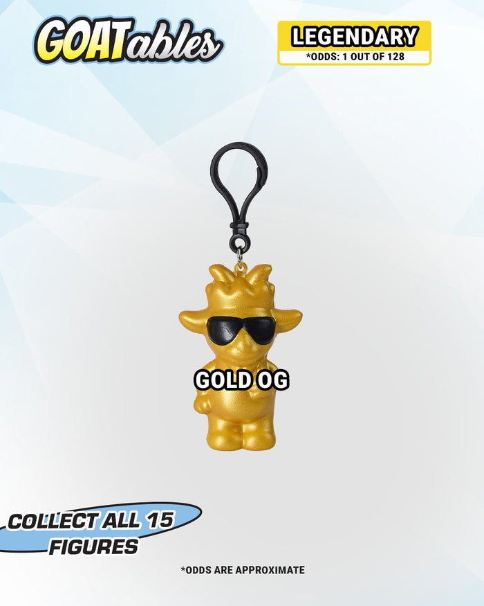 Gold figurine keychain with sunglasses labeled 'GOLD OG' on a white background, featuring 'GOATables' branding.