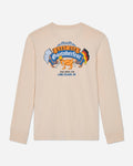 Beige long-sleeve shirt with a colorful graphic on the back against a light gray background