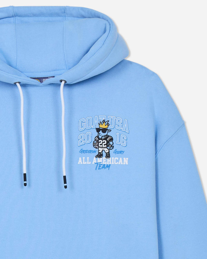 Light blue hoodie with a graphic design on a light gray background