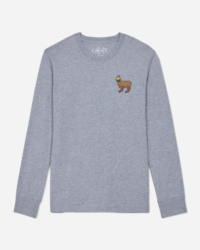 Gray long-sleeve shirt with a small embroidered design on a light gray background
