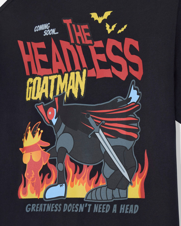 Close-up of headless GOATman graphic on a black t-shirt
