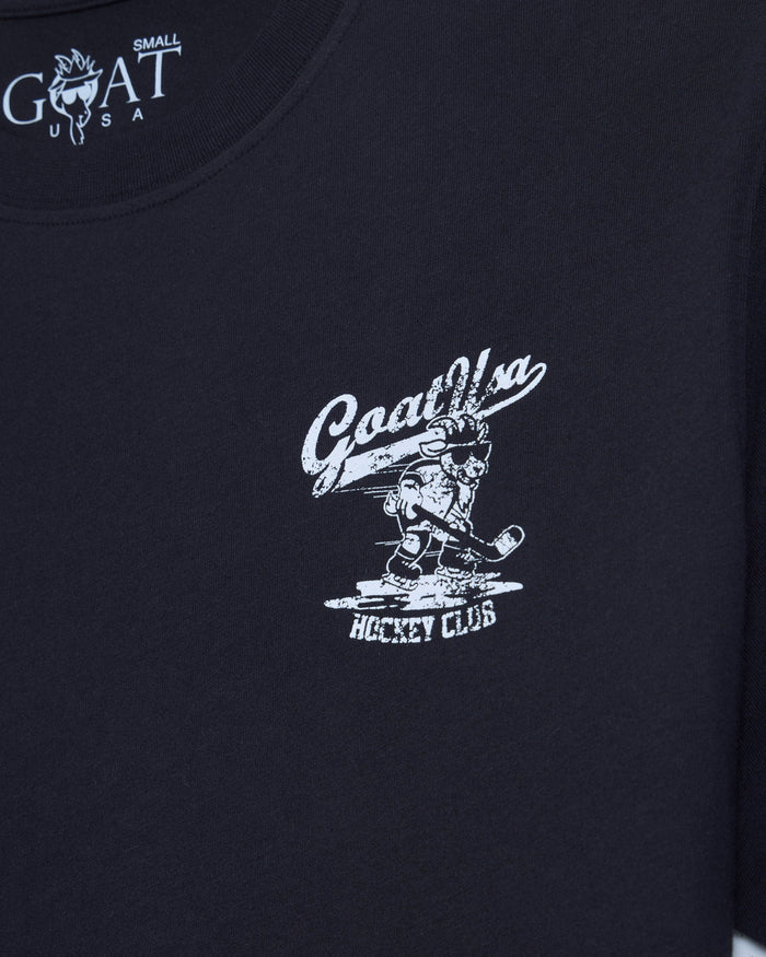 Front of black t-shirt with goat hockey player left-chest graphic