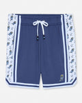 Front of navy mesh shorts with hockey goat design