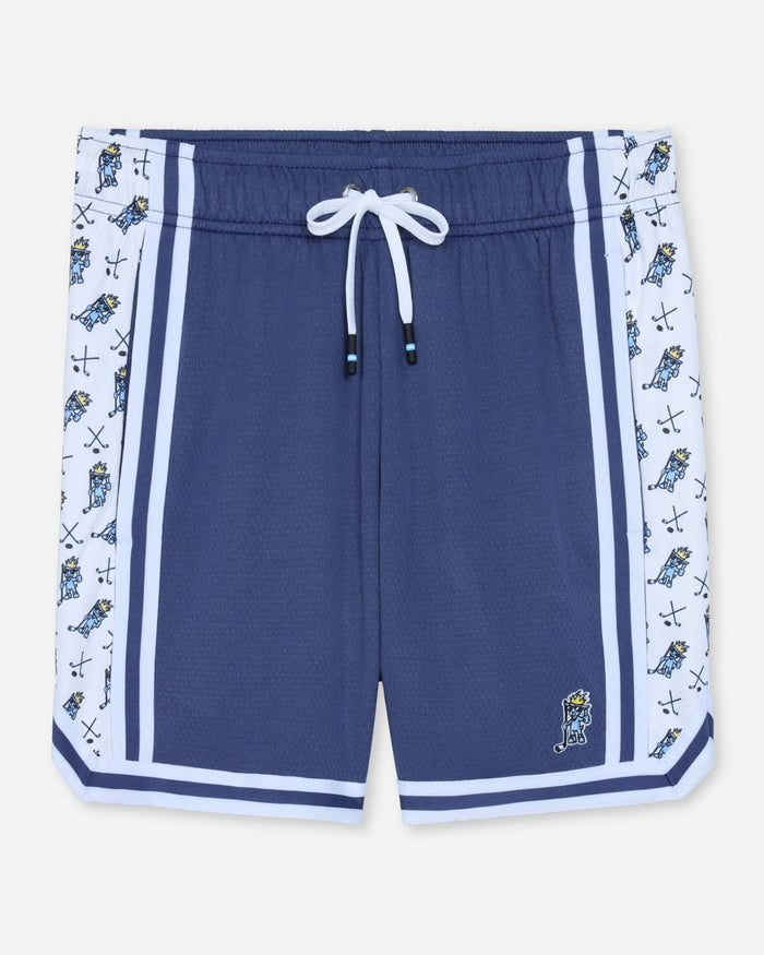 Front of navy mesh shorts with hockey goat design