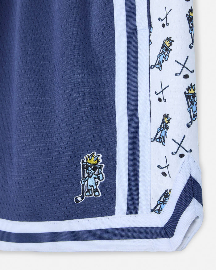 Navy blue mesh shorts with logo and pattern.