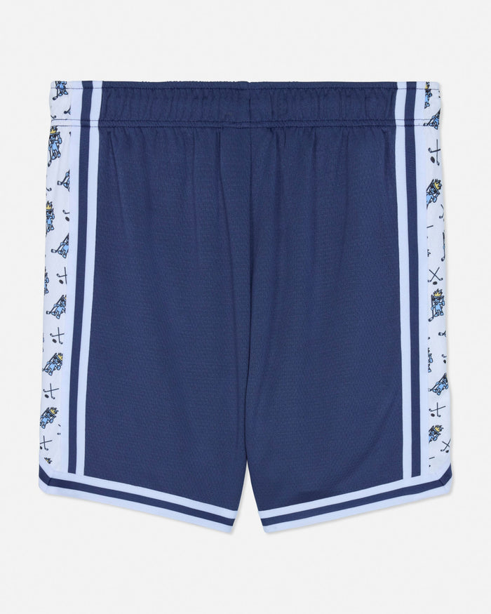 Navy blue shorts with white and blue patterned trim on a white background