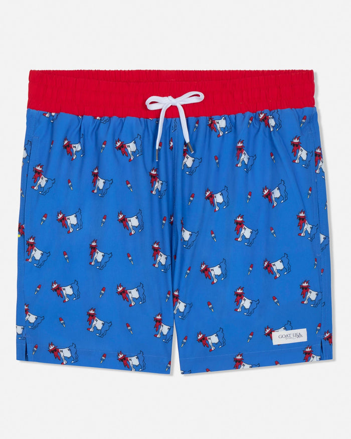 Blue swim shorts with red waistband and cartoon character pattern on a white background