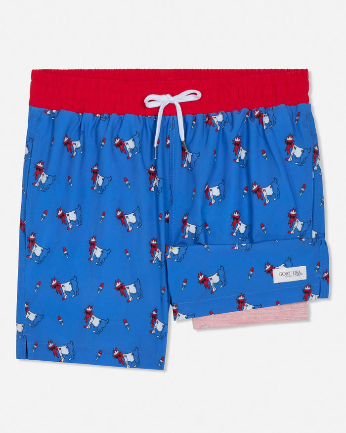 Blue swim shorts with red waistband and white goat pattern on a white background
