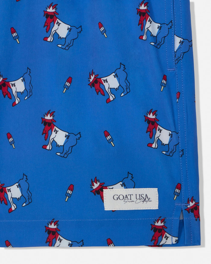 Blue fabric with cartoon goat pattern and 'GOAT USA' label