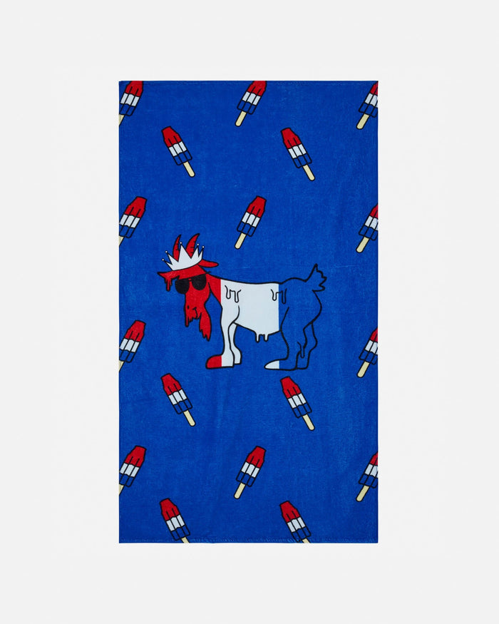 Beach towel with a goat that has a popsicle pattern on a light gray background