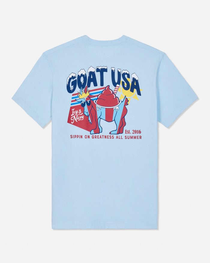 Light blue t-shirt with colorful graphic design on a white background