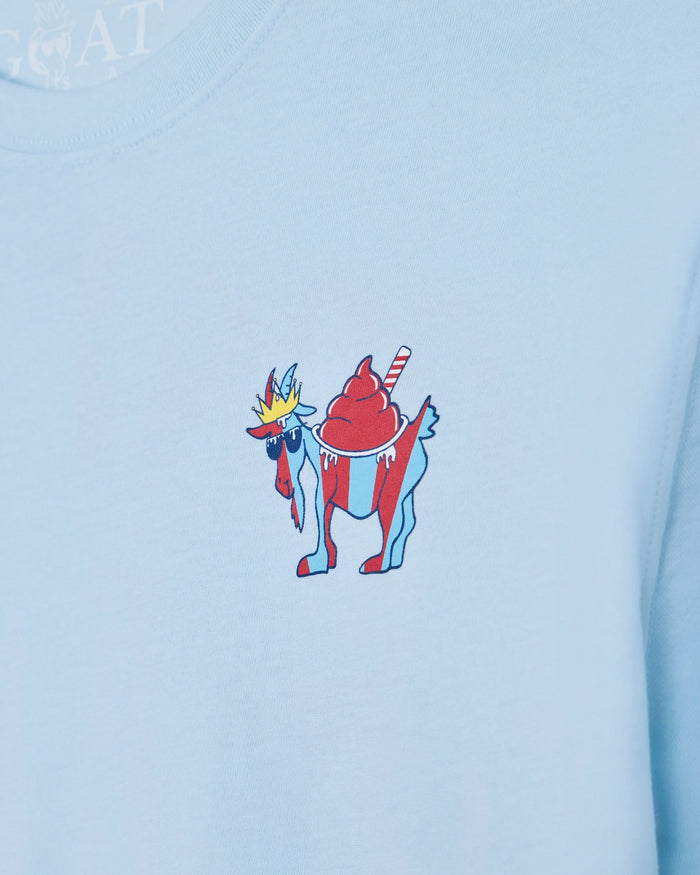 Light blue shirt with a colorful cartoon character