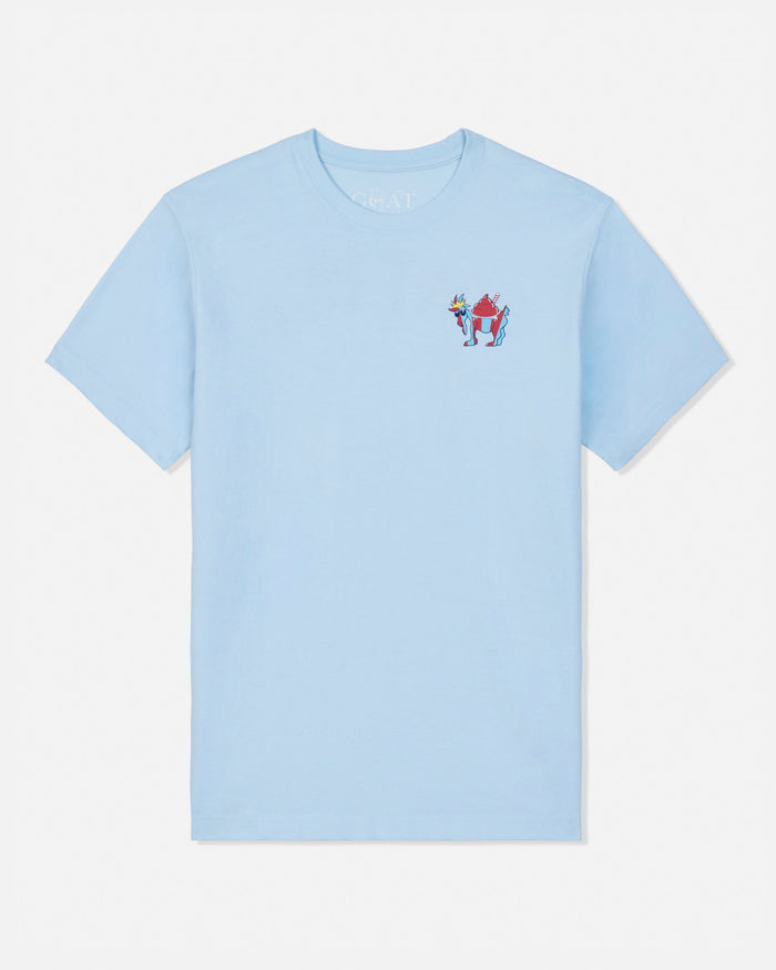 Light blue t-shirt with a small colorful graphic on a white background