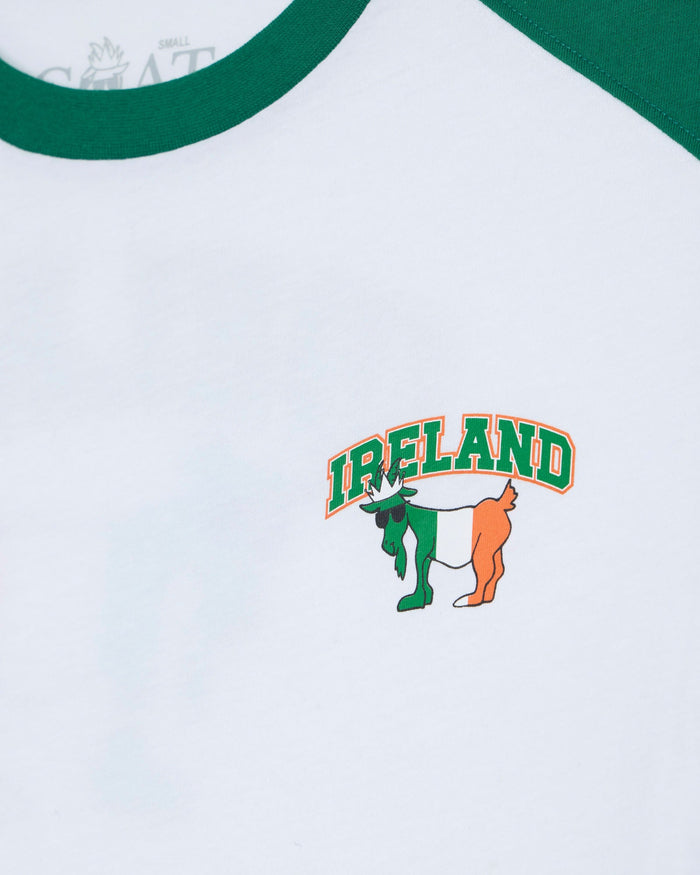 White t-shirt with green sleeves featuring an 'Ireland' goat logo with a green, white, and orange color scheme.