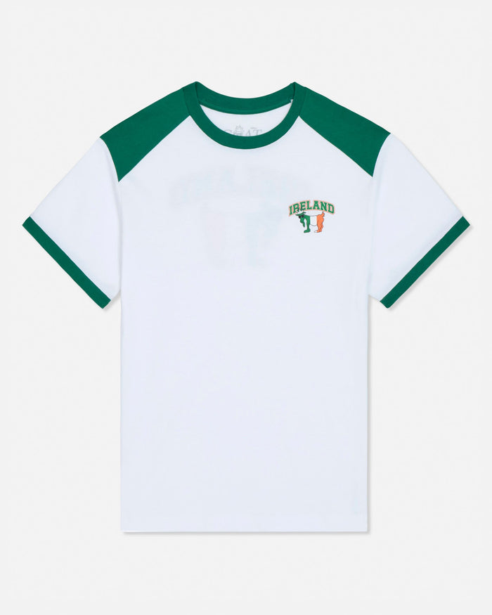 White t-shirt with green sleeves and 'Ireland' text on a white background