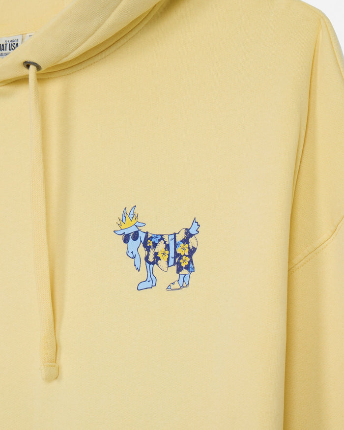 Yellow hoodie with a blue and yellow graphic on the chest