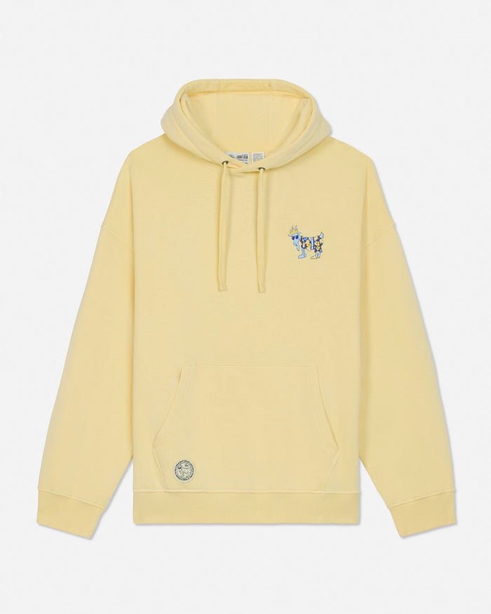 Yellow hoodie with a small graphic on the chest against a white background