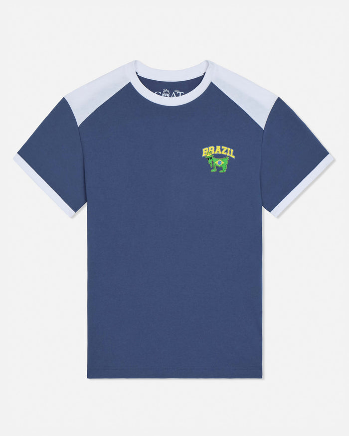 Blue t-shirt with white sleeves and 'Brazil' logo on a white background