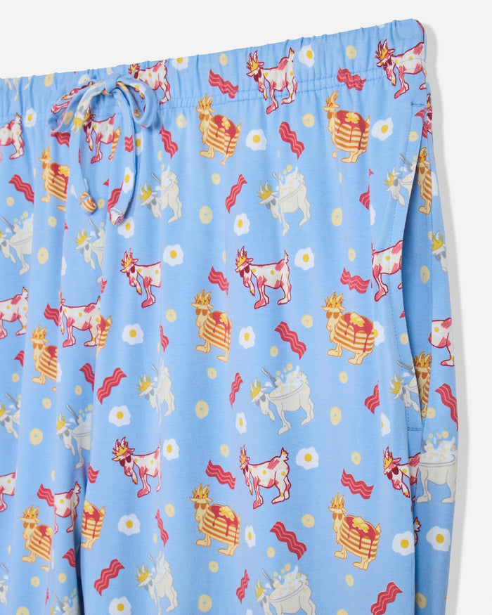 Close-up of carolina blue pajama pants with breakfast designs