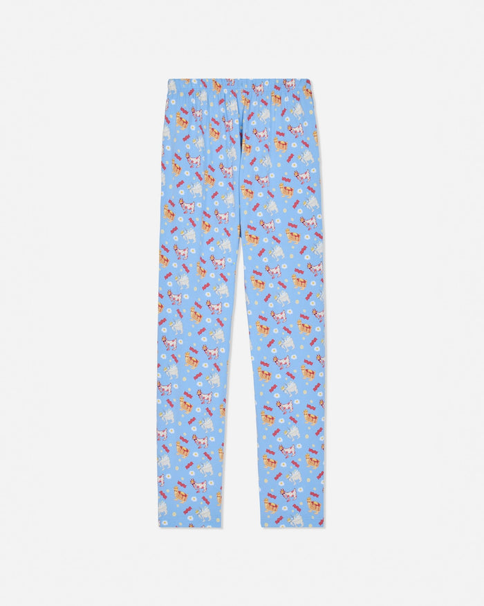 Back of carolina blue pajama pants with breakfast designs