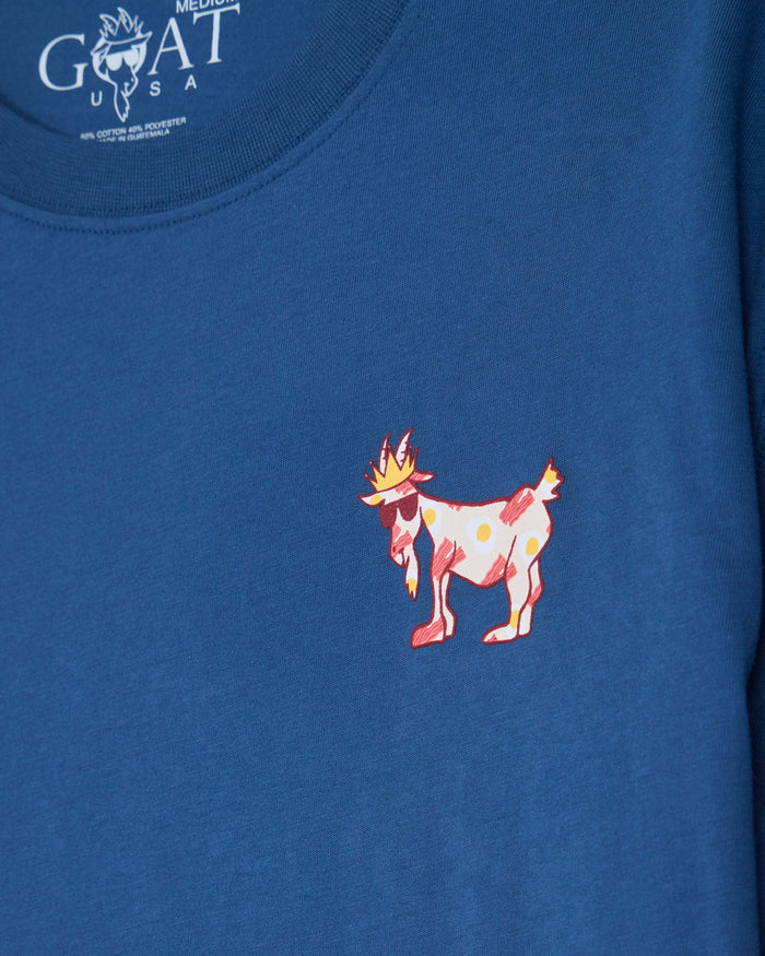 Bacon and eggs goat left-chest graphic on a blue t-shirt