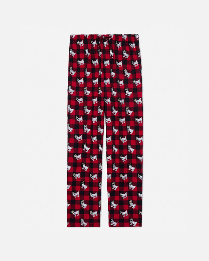 Red and black plaid pajama pants with goat pattern on a light gray background#color_red