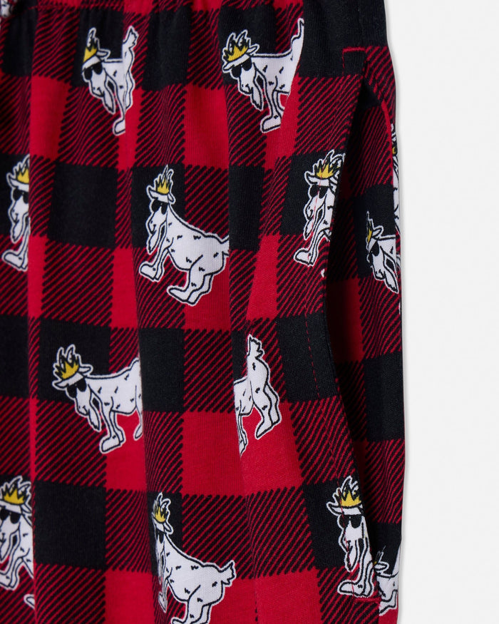 Plaid fabric with cartoon goat pattern on a red and black checkered background#color_red