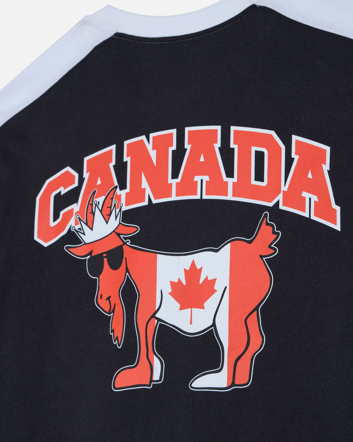 Black tee with red 'CANADA' text and bull design featuring a Canadian flag on a white background.