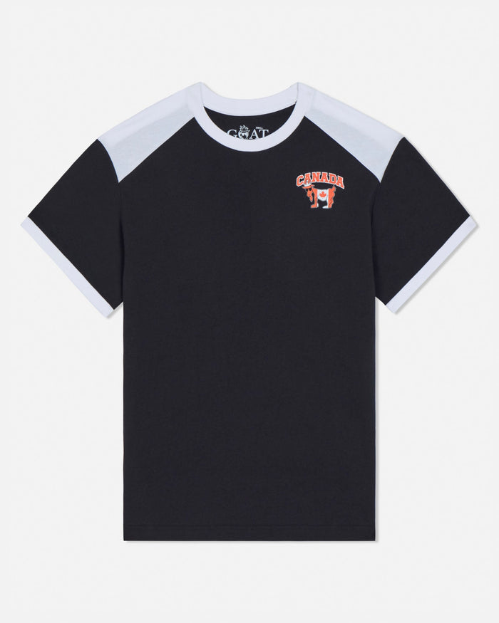 Black t-shirt with white sleeves and a logo on a white background