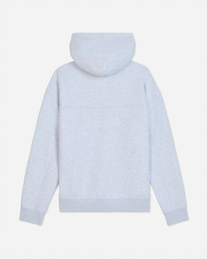 A light gray heathered zip-up hoodie shown from the back, featuring a simple stitched logo on the upper back, set against a plain light gray background.