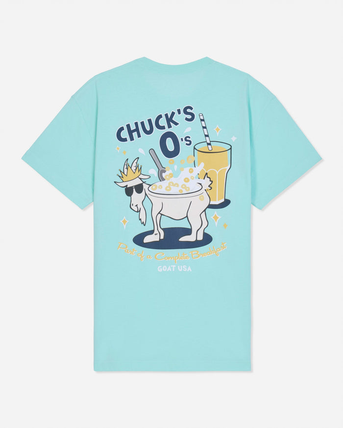 Mint t-shirt with cereal goat graphic and text that reads 'Chuck's O's Part of a Complete Breakfast'