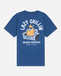 Back of blue t-shirt with couch potato goat graphic