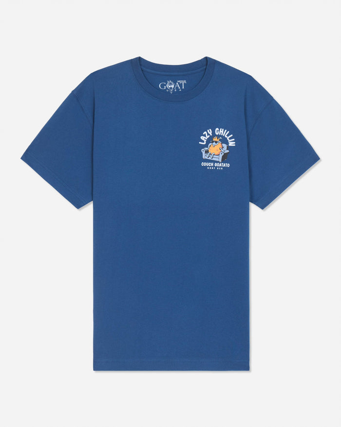 Front of blue t-shirt with couch potato goat left-chest graphic