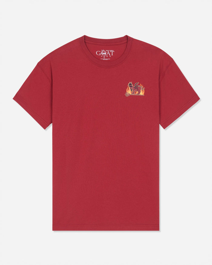 A red short-sleeve crewneck t-shirt by Goat, featuring a small multicolor graphic print on the left chest and the Goat brand name printed inside the collar, shown against a light gray background.