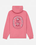 Salmon-colored hoodie with a graphic design on the back against a white background