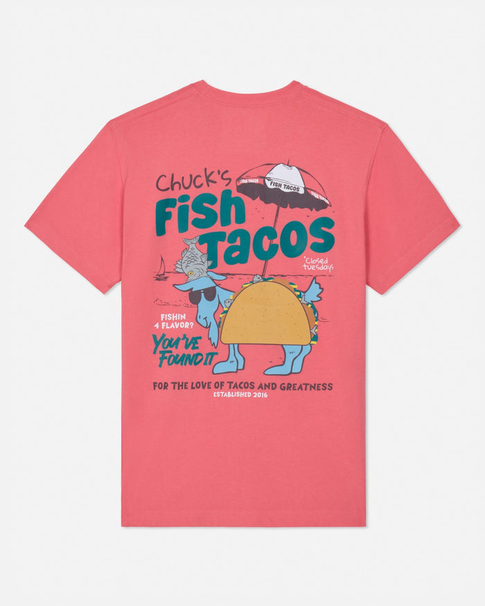 Pink t-shirt with 'Chuck's Fish Tacos' graphic on a white background