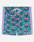 Tropical patterned shorts with pink flamingo design on a white background