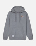Front of gray hoodie with football goat left-chest logo