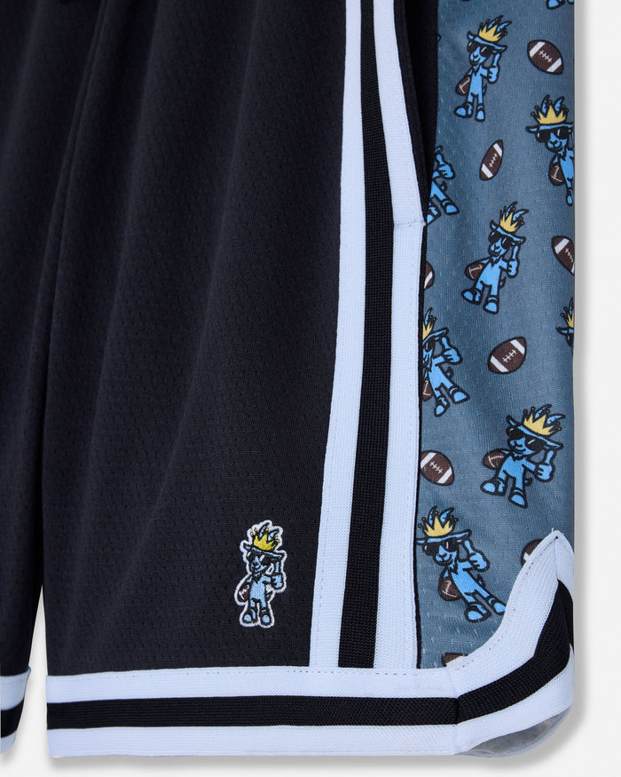 Close-up of a black mesh shorts with blue and white accents featuring cartoon goats and footballs.