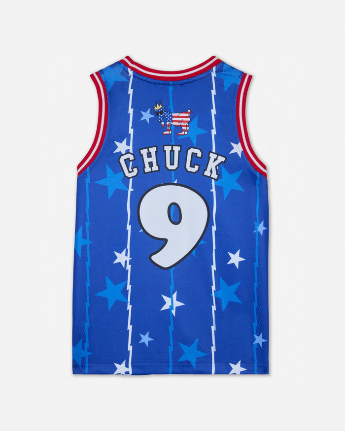 Blue basketball jersey with 'CHUCK' and number '9' on a white background