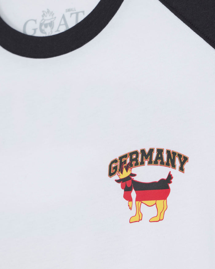 White t-shirt with 'GERMANY' and goat design on a white background