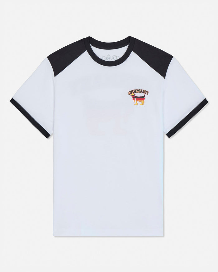 White t-shirt with black sleeves and a small logo on a white background