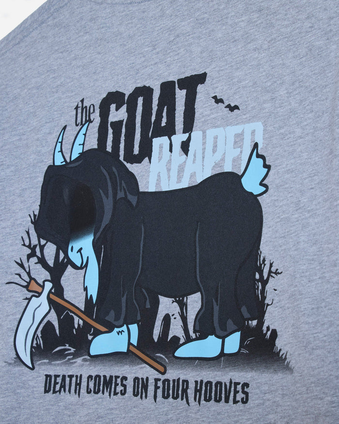 Close-up of a heather gray t-shirt featuring a graphic print of a blue goat with black cloak, holding a scythe, with the text 'the GOAT REAPER' and 'DEATH COMES ON FOUR HOOVES'.