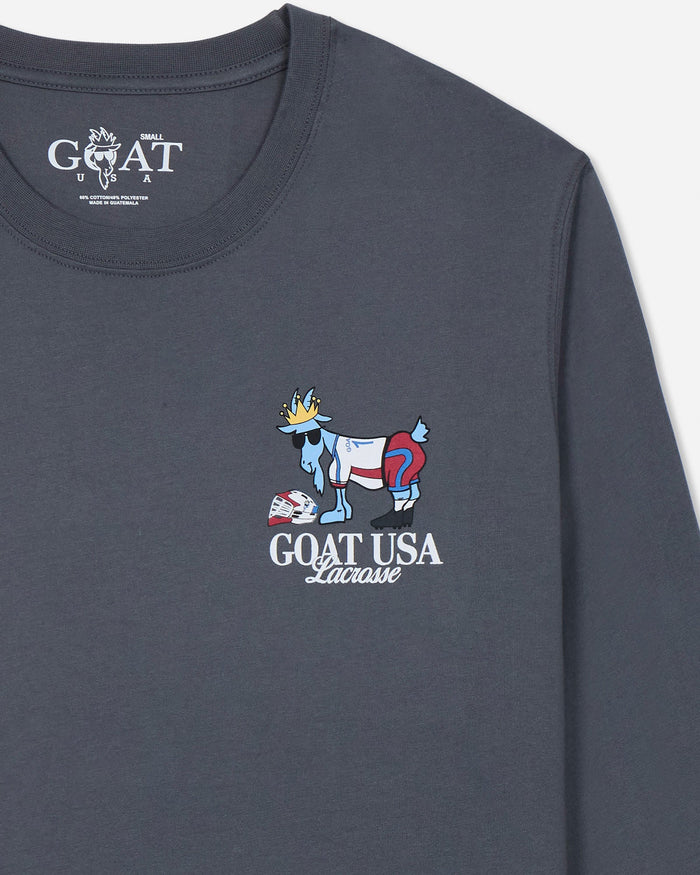 Gray long-sleeve shirt with 'GOAT USA Lacrosse' logo on a light gray background