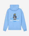 Light blue hoodie with graphic design on the back against a light gray background