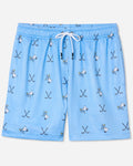 Front of blue mesh shorts with hockey goat print
