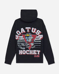 Black pullover hoodie shown from the back, featuring a large graphic print with the text 'GOAT USA HOCKEY CLUB' and a cartoon blue-gray goat mascot inside a red triangle.