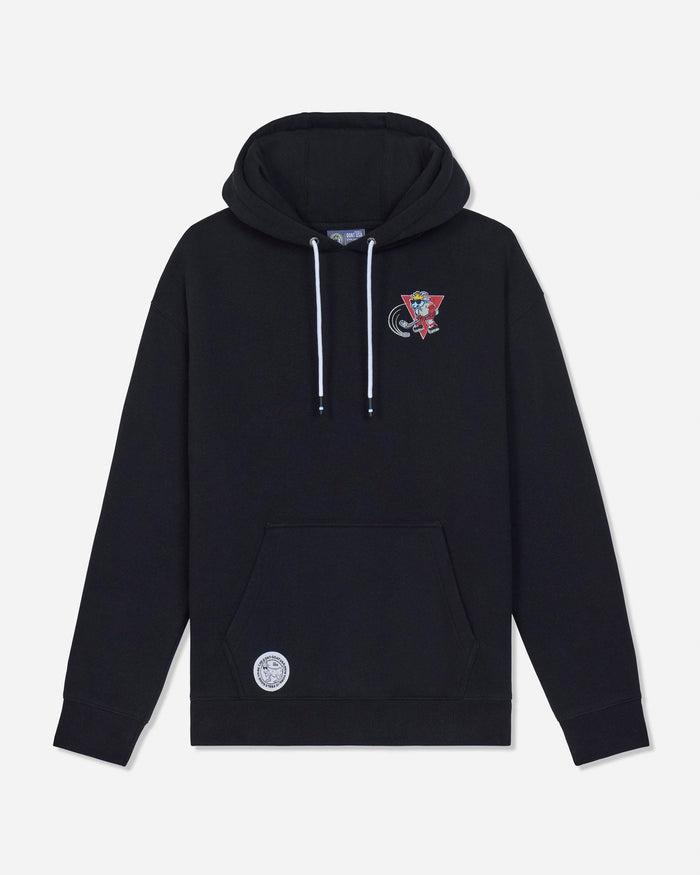 A black pullover hoodie with white drawstrings, featuring a small red and black graphic on the left chest and a circular white patch on the front pocket, displayed against a light gray background.
