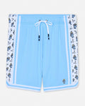 Light blue shorts with white drawstring and lacrosse goat pattern on a white background