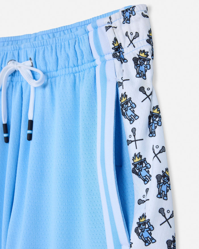 Light blue shorts with white drawstring and lacrosse goat character.